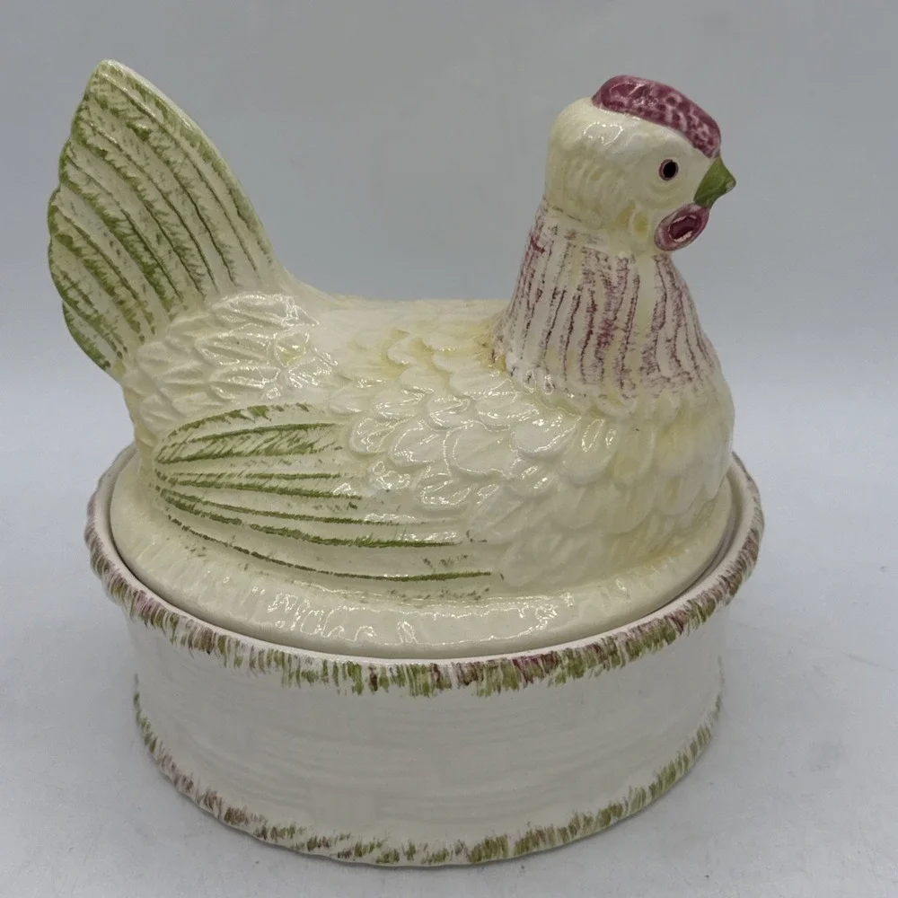 VTG Ceramic Hen on Nest‎ Chicken Covered Dish Basket Candy Bowl Yellow Green 6